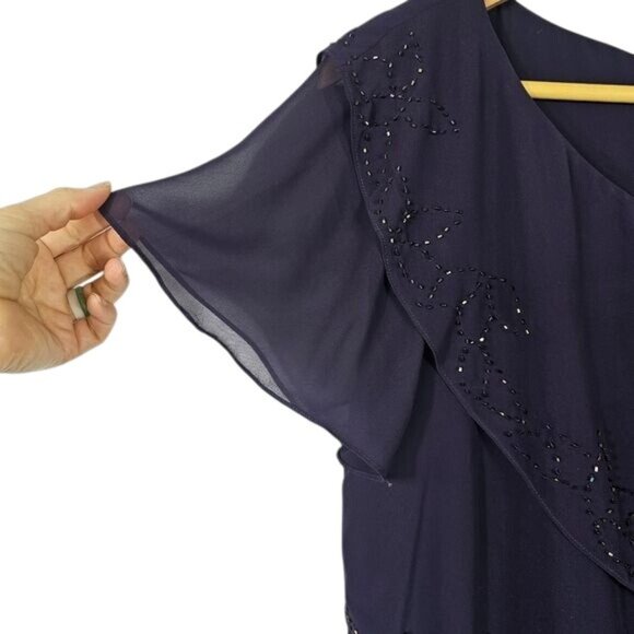 Coldwater Creek Purple Tiered Chiffon Boatneck Blouse Sz 14 Beaded Asymmetrical - Picture 4 of 11